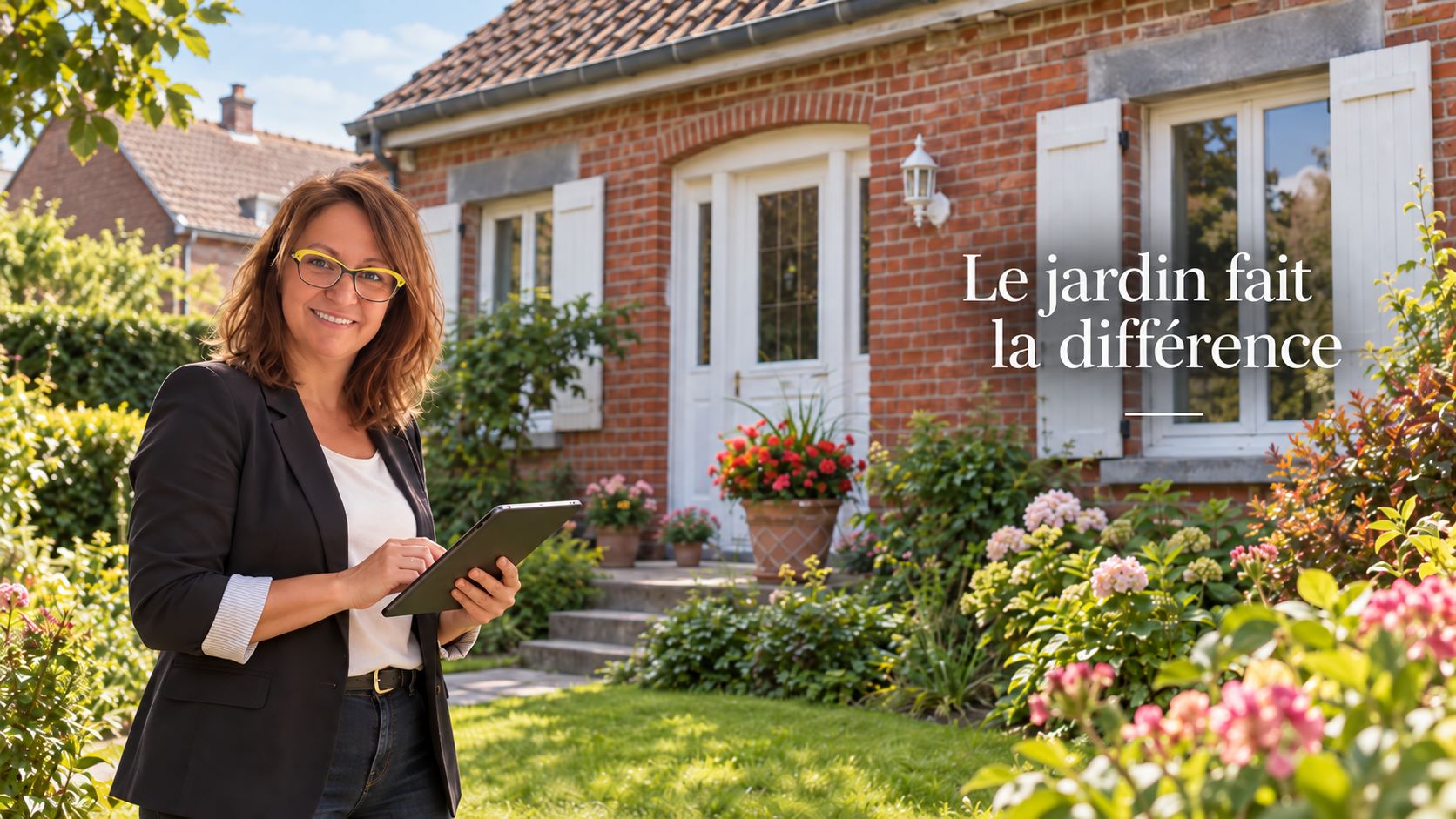Vérification de la façade et du jardin d'une maison en brique avant les photos